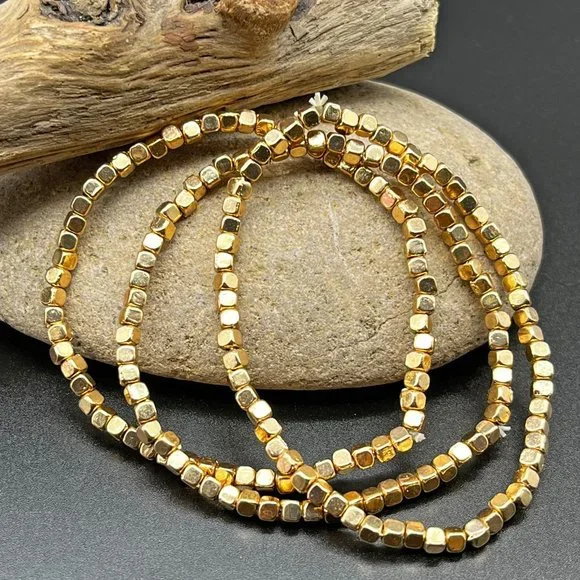 Gold Bead Stretch Bracelets Set of Three - Picture 1 of 4